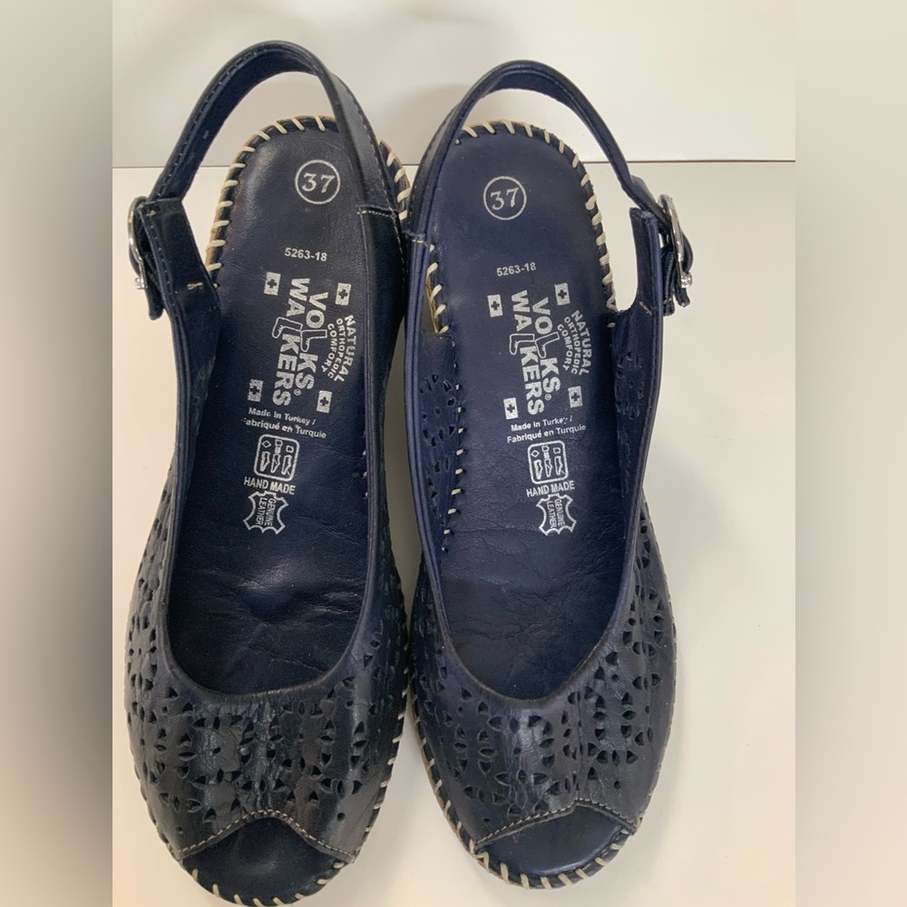 Women’s Navy Leather Wedge Sandals - Walkers